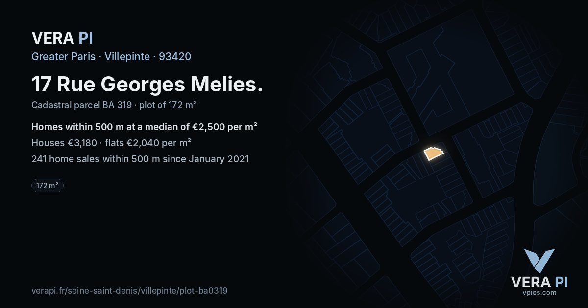 17 Rue Georges Melies, Villepinte at night – the plot lit, the parcels around coloured by the prices near them