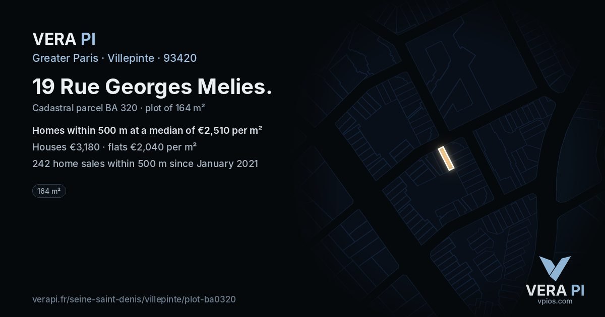19 Rue Georges Melies, Villepinte at night – the plot lit, the parcels around coloured by the prices near them