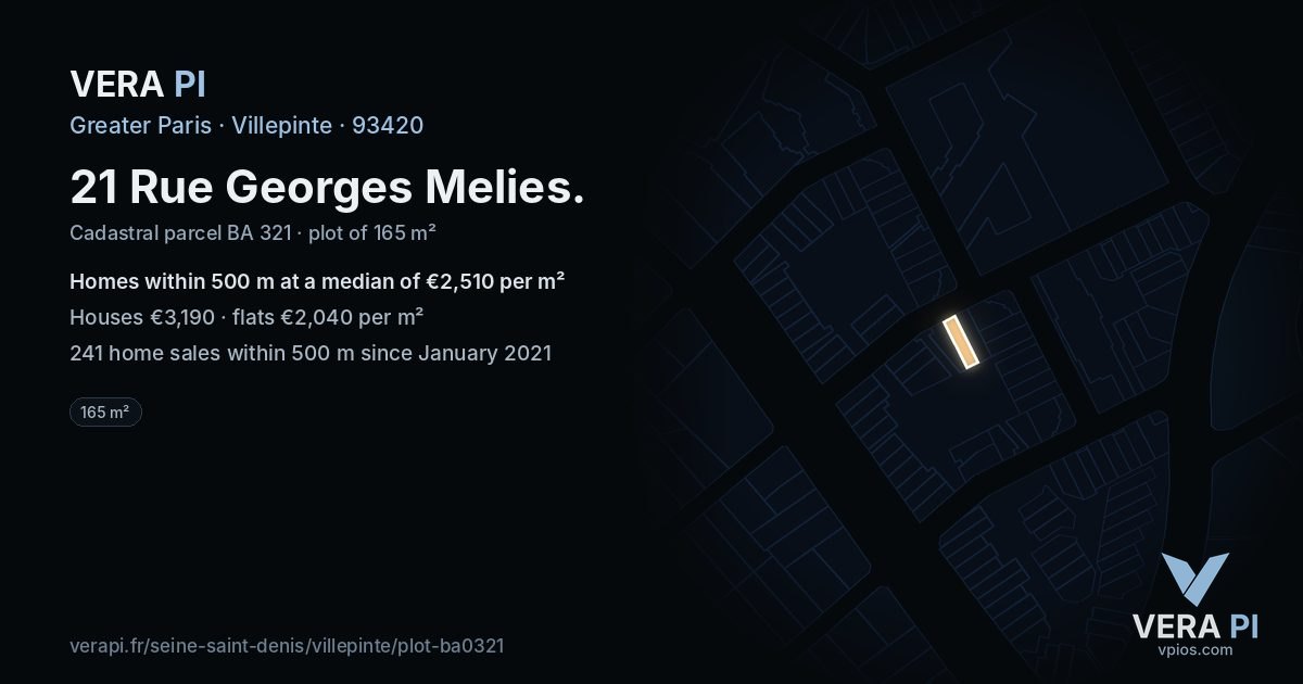 21 Rue Georges Melies, Villepinte at night – the plot lit, the parcels around coloured by the prices near them