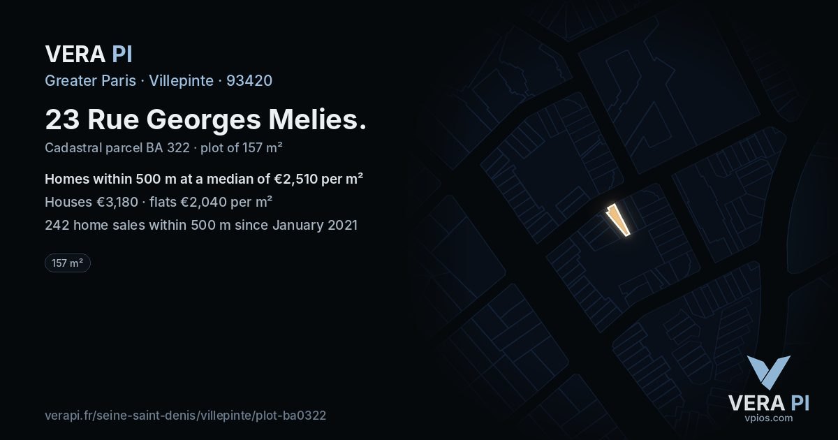 23 Rue Georges Melies, Villepinte at night – the plot lit, the parcels around coloured by the prices near them