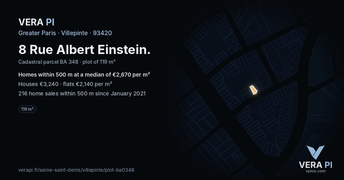 8 Rue Albert Einstein, Villepinte at night – the plot lit, the parcels around coloured by the prices near them