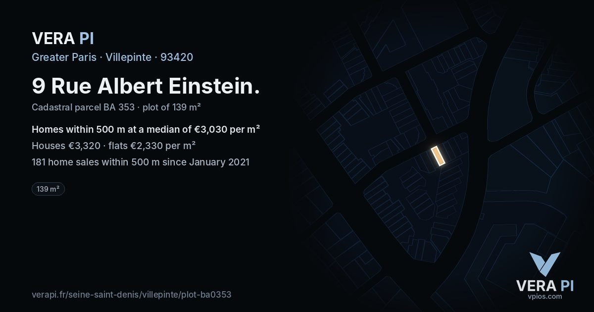 9 Rue Albert Einstein, Villepinte at night – the plot lit, the parcels around coloured by the prices near them