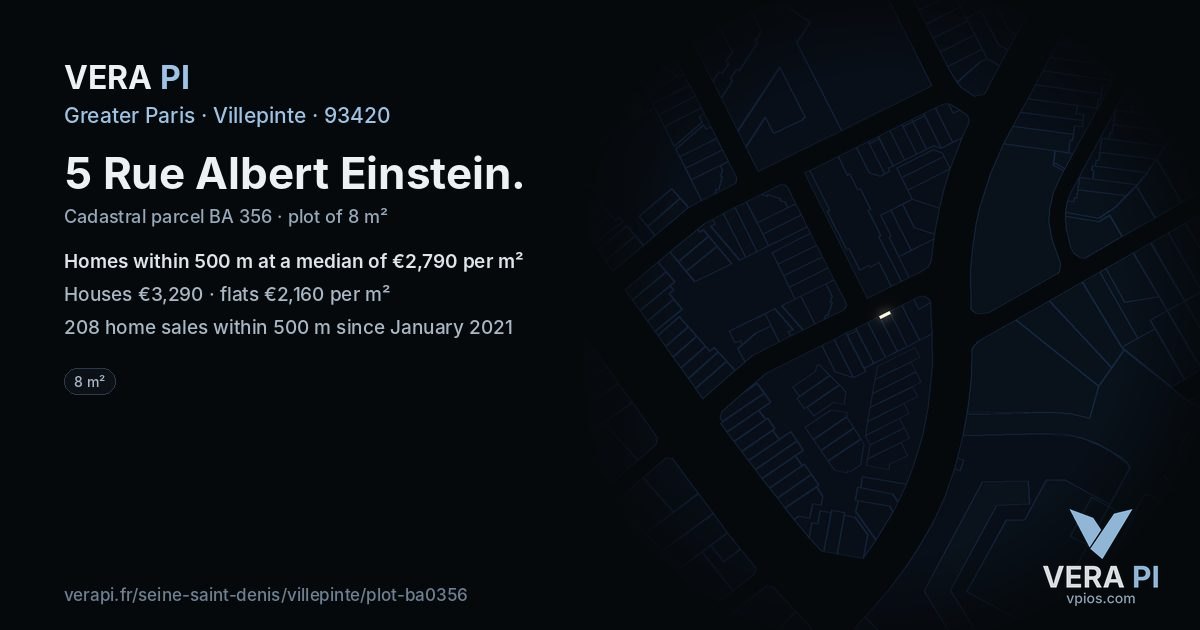 5 Rue Albert Einstein, Villepinte at night – the plot lit, the parcels around coloured by the prices near them