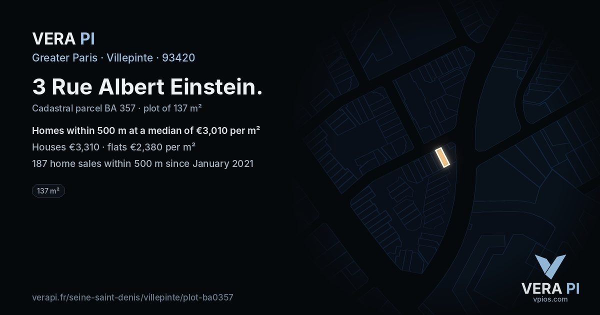 3 Rue Albert Einstein, Villepinte at night – the plot lit, the parcels around coloured by the prices near them