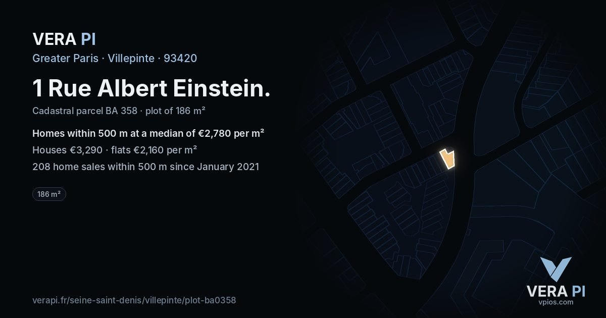 1 Rue Albert Einstein, Villepinte at night – the plot lit, the parcels around coloured by the prices near them