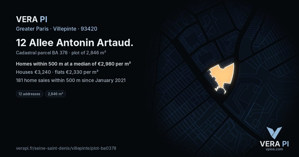 12 Allee Antonin Artaud, Villepinte at night – the plot lit, the parcels around coloured by the prices near them