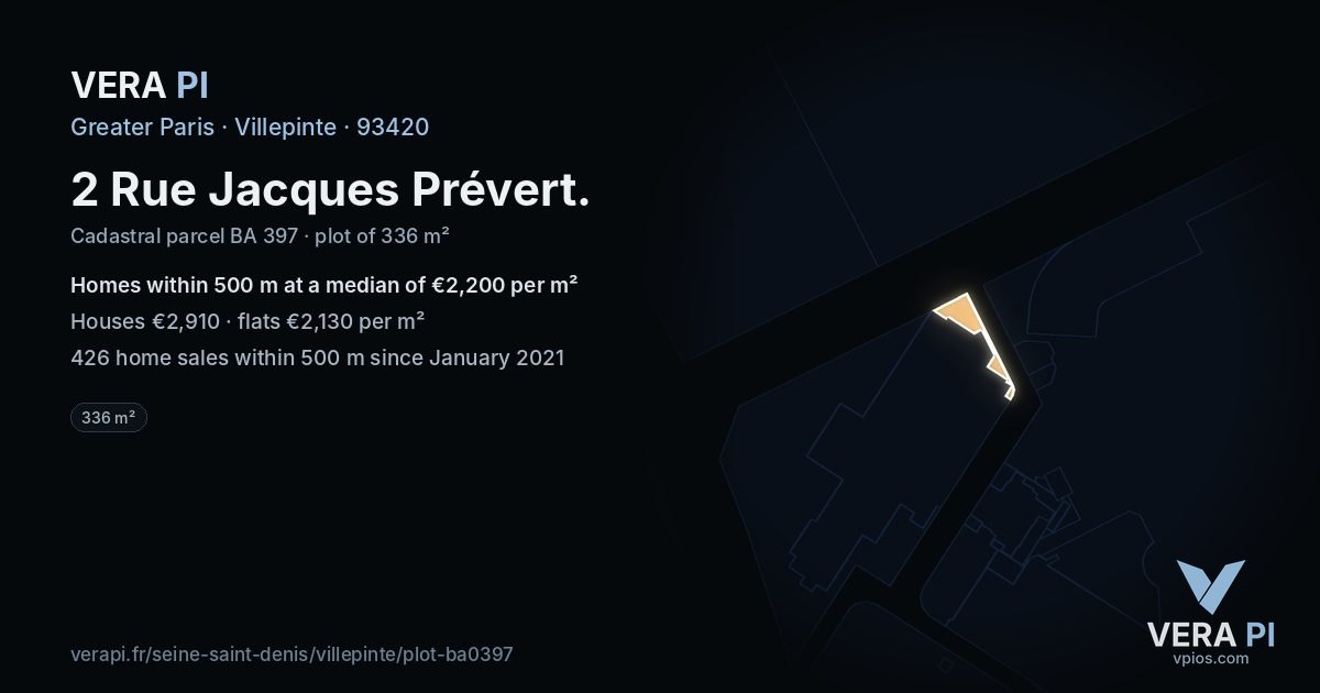 2 Rue Jacques Prévert, Villepinte at night – the plot lit, the parcels around coloured by the prices near them