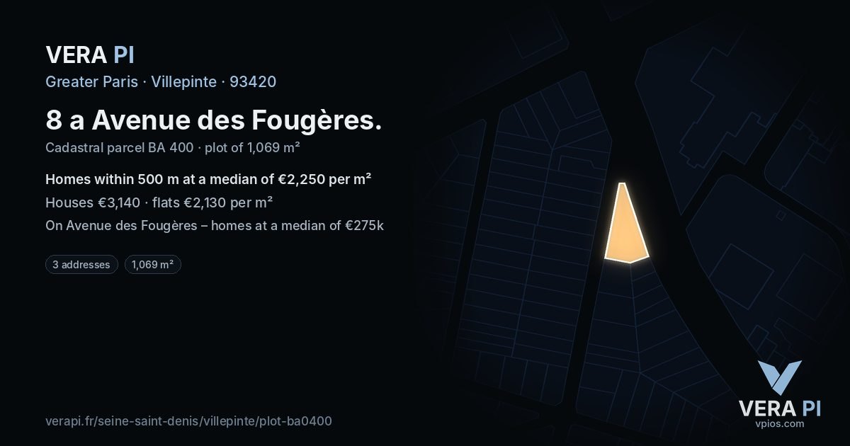 8 a Avenue des Fougères, Villepinte at night – the plot lit, the parcels around coloured by the prices near them