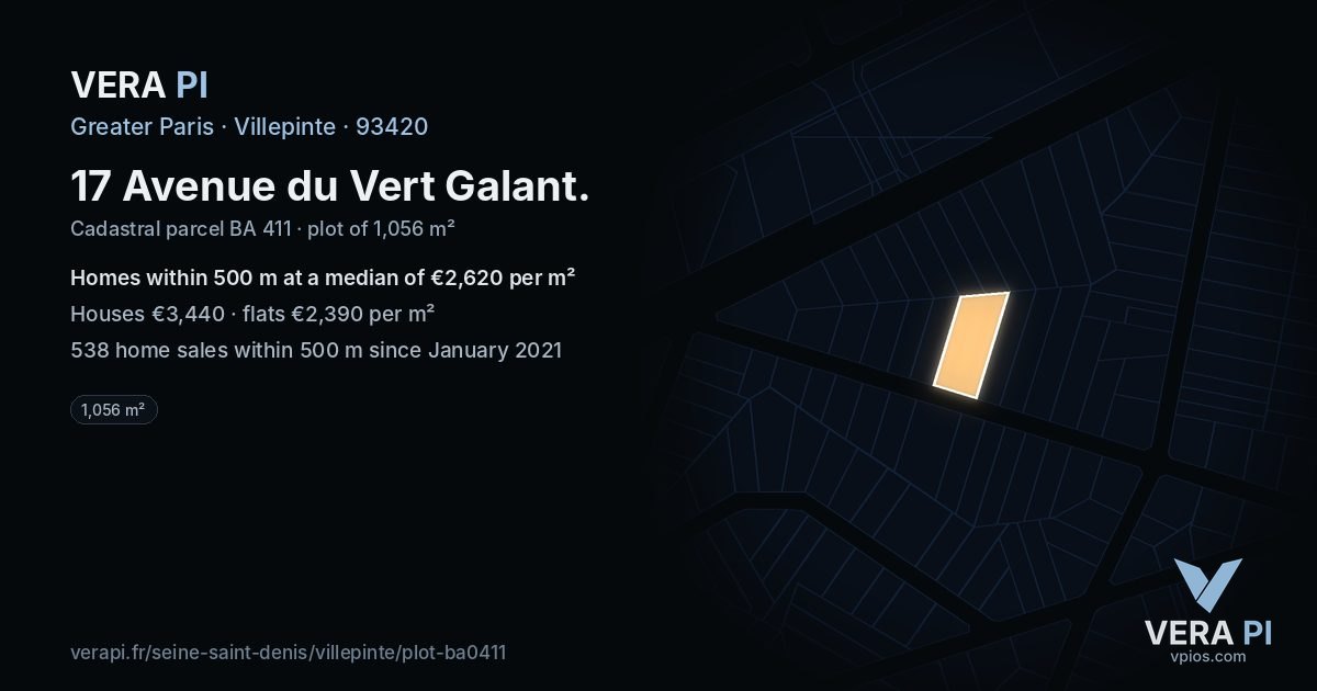 17 Avenue du Vert Galant, Villepinte at night – the plot lit, the parcels around coloured by the prices near them