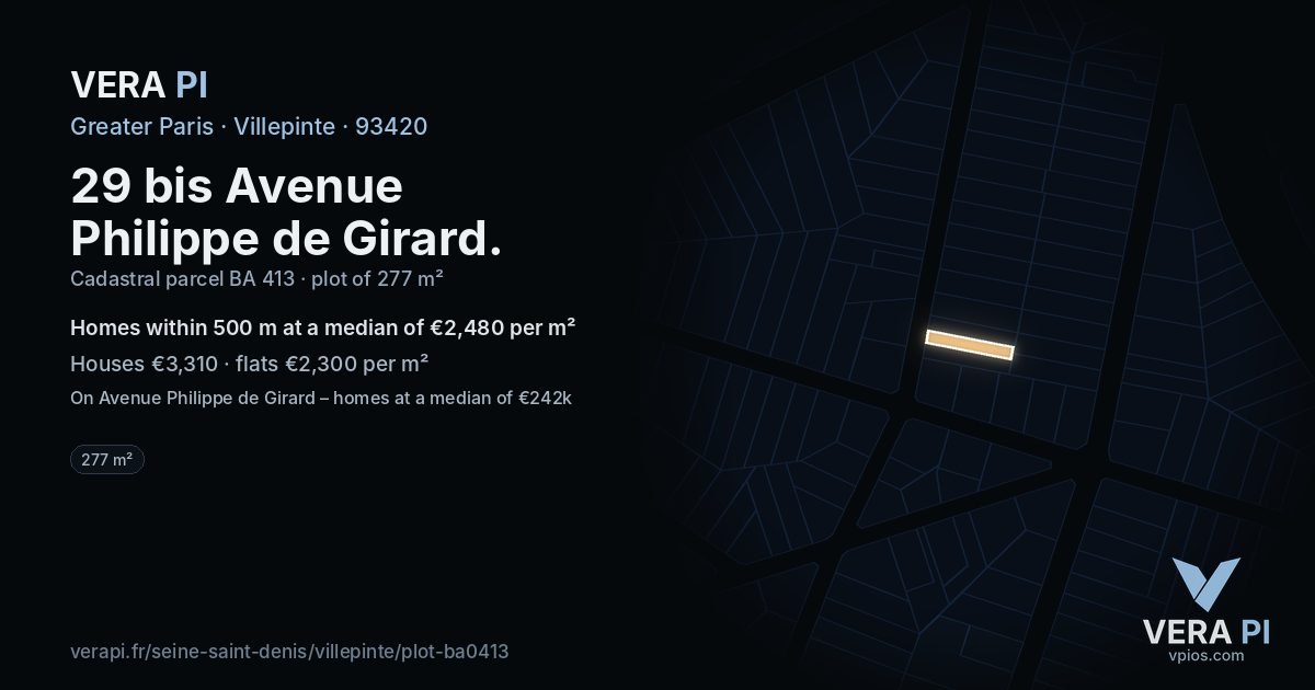 29 bis Avenue Philippe de Girard, Villepinte at night – the plot lit, the parcels around coloured by the prices near them