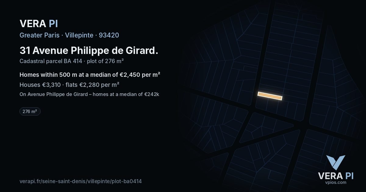 31 Avenue Philippe de Girard, Villepinte at night – the plot lit, the parcels around coloured by the prices near them
