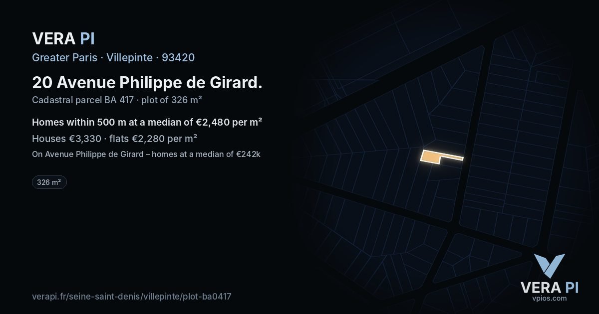 20 Avenue Philippe de Girard, Villepinte at night – the plot lit, the parcels around coloured by the prices near them