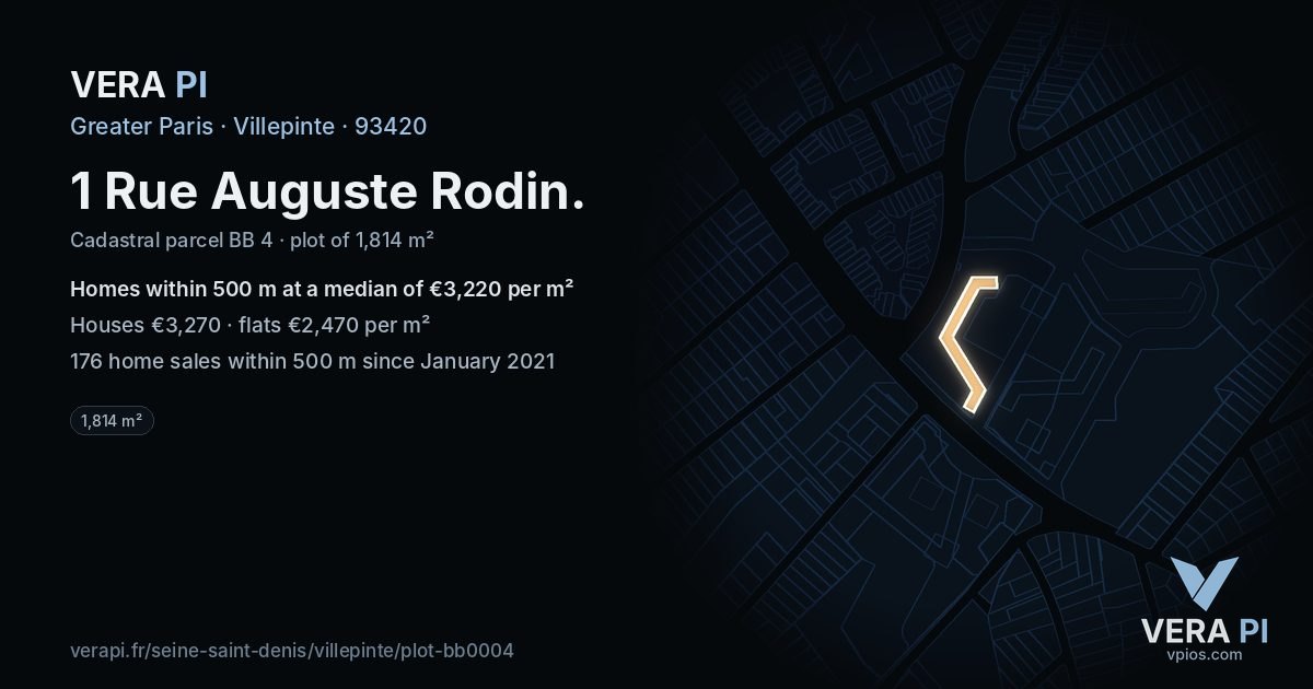 1 Rue Auguste Rodin, Villepinte at night – the plot lit, the parcels around coloured by the prices near them