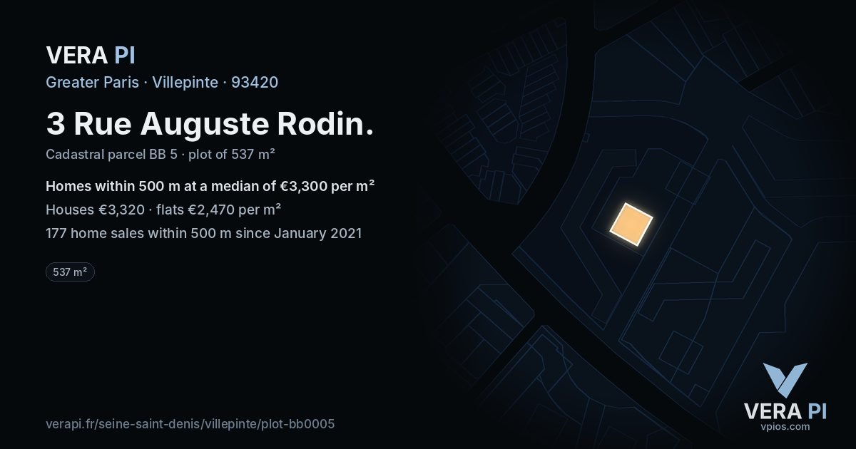 3 Rue Auguste Rodin, Villepinte at night – the plot lit, the parcels around coloured by the prices near them