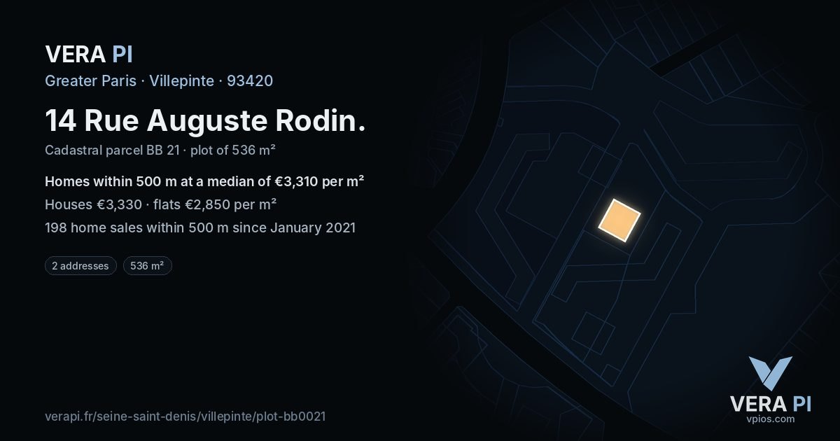 14 Rue Auguste Rodin, Villepinte at night – the plot lit, the parcels around coloured by the prices near them