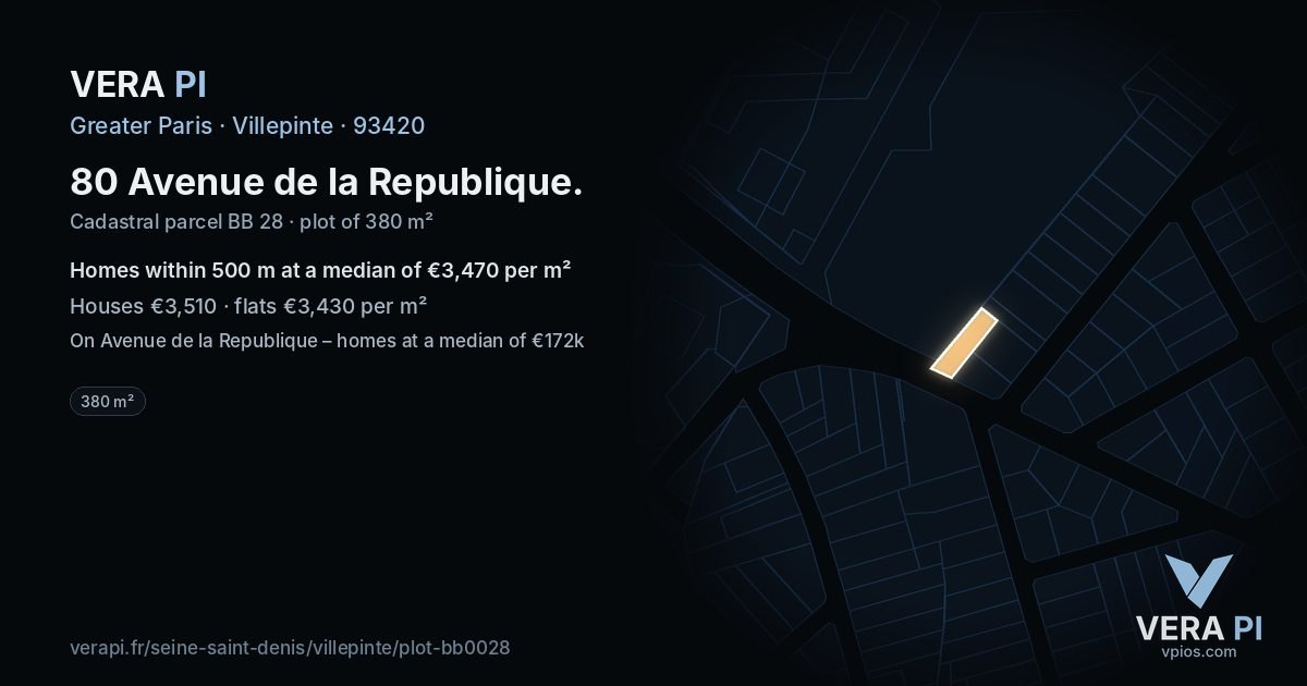 80 Avenue de la Republique, Villepinte at night – the plot lit, the parcels around coloured by the prices near them