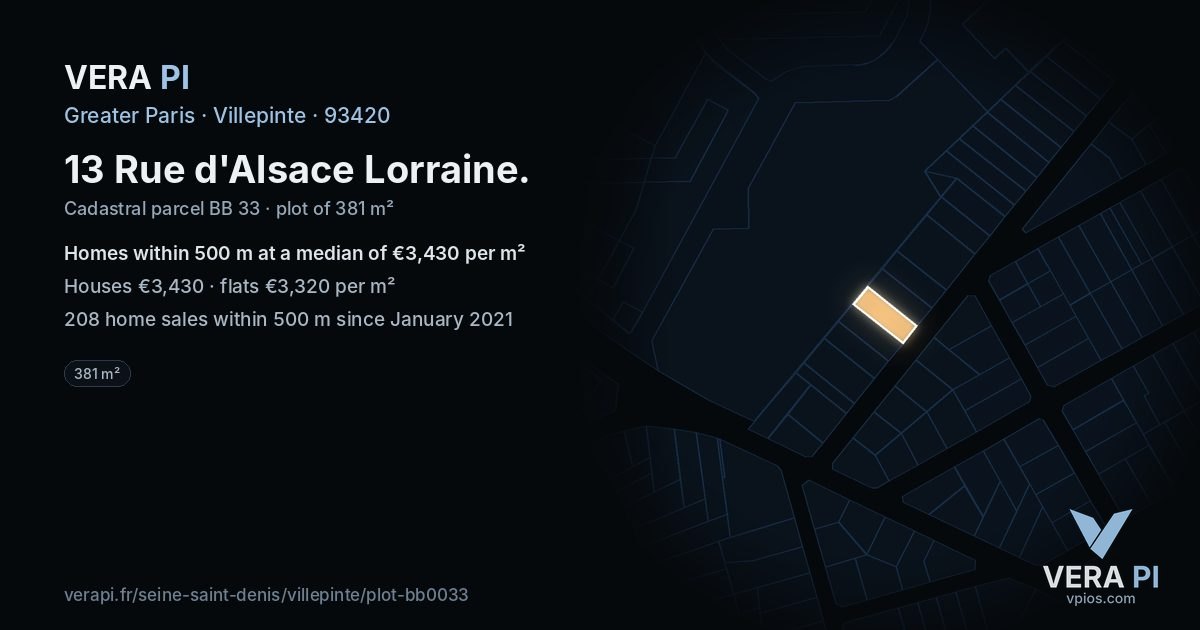 13 Rue d'Alsace Lorraine, Villepinte at night – the plot lit, the parcels around coloured by the prices near them