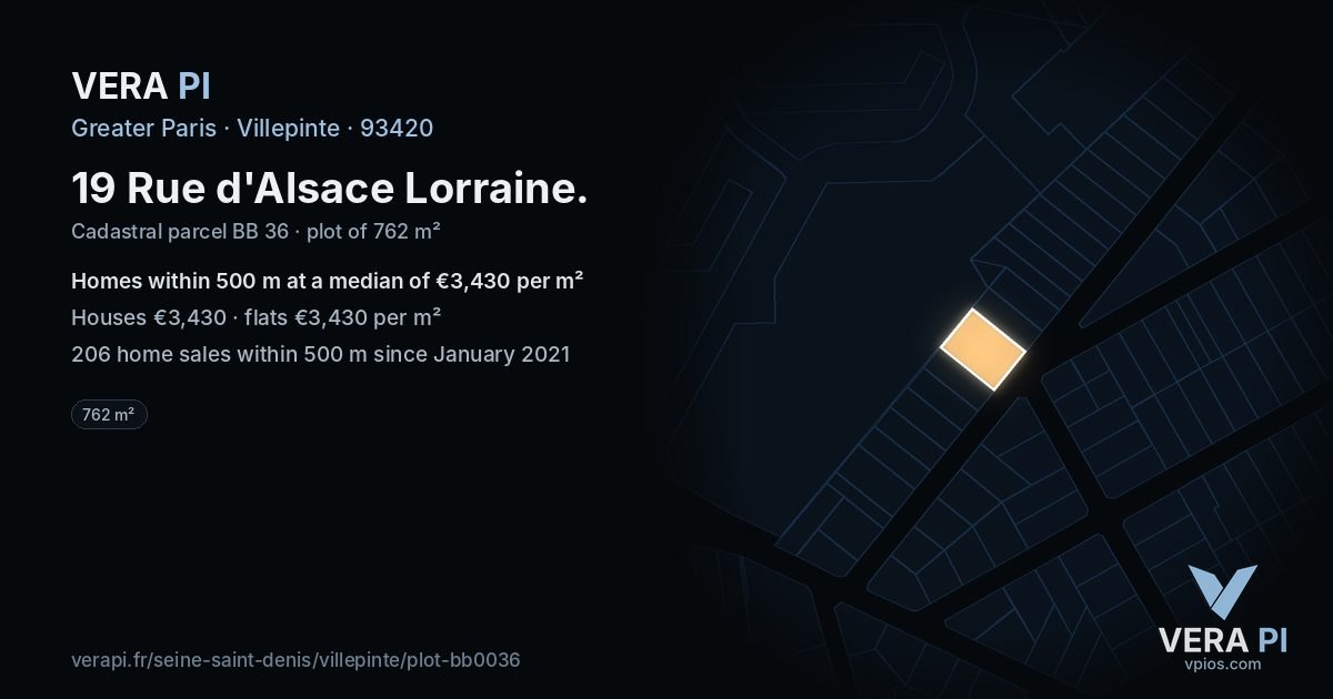 19 Rue d'Alsace Lorraine, Villepinte at night – the plot lit, the parcels around coloured by the prices near them
