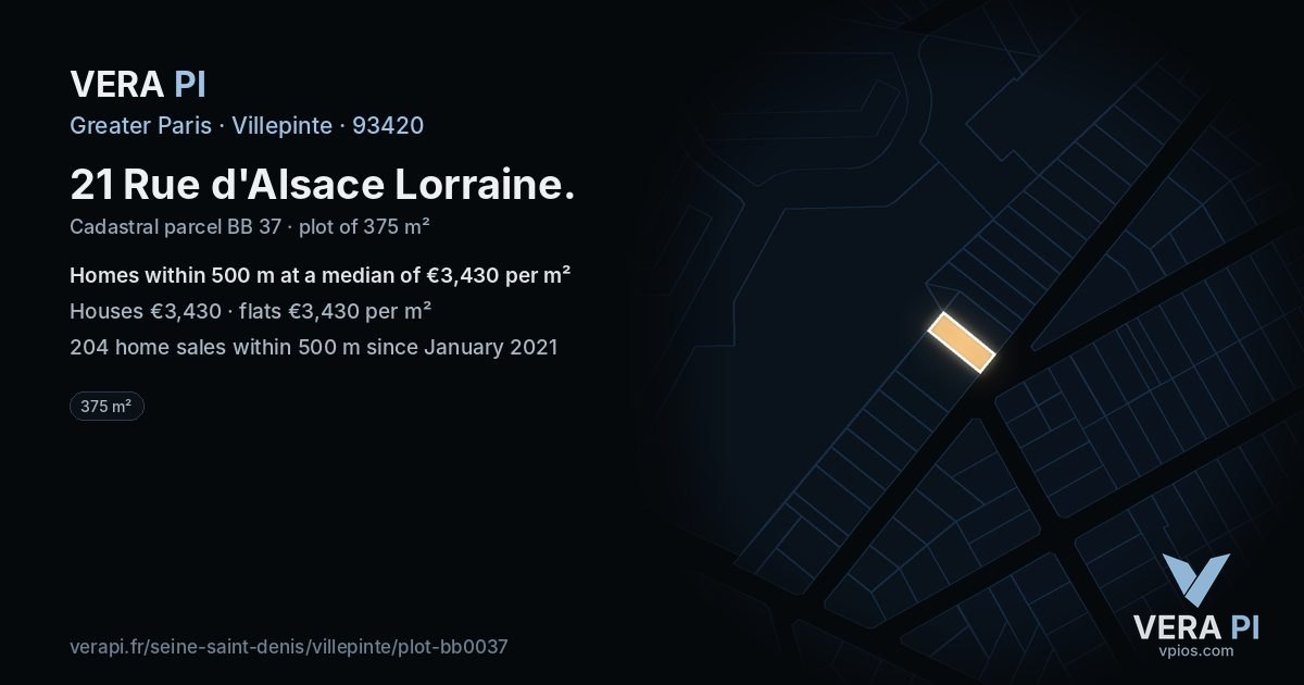 21 Rue d'Alsace Lorraine, Villepinte at night – the plot lit, the parcels around coloured by the prices near them
