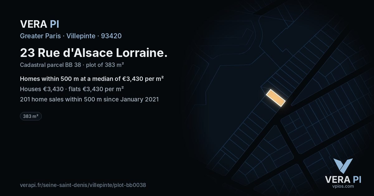 23 Rue d'Alsace Lorraine, Villepinte at night – the plot lit, the parcels around coloured by the prices near them