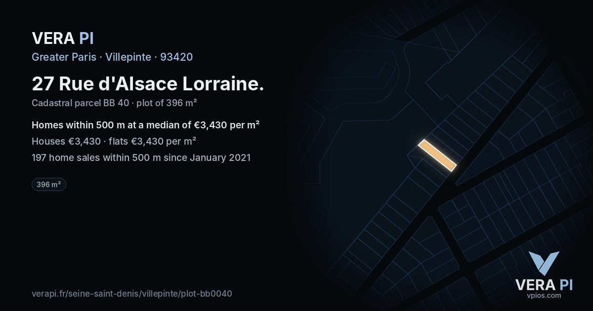 27 Rue d'Alsace Lorraine, Villepinte at night – the plot lit, the parcels around coloured by the prices near them