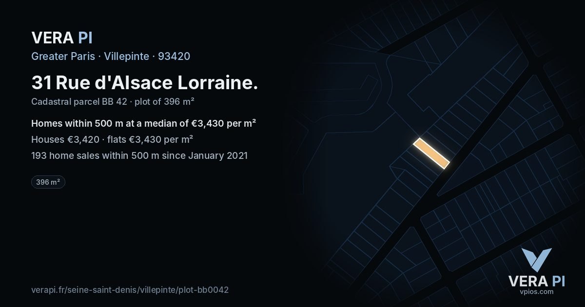 31 Rue d'Alsace Lorraine, Villepinte at night – the plot lit, the parcels around coloured by the prices near them