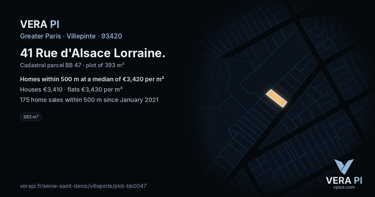 41 Rue d'Alsace Lorraine, Villepinte at night – the plot lit, the parcels around coloured by the prices near them