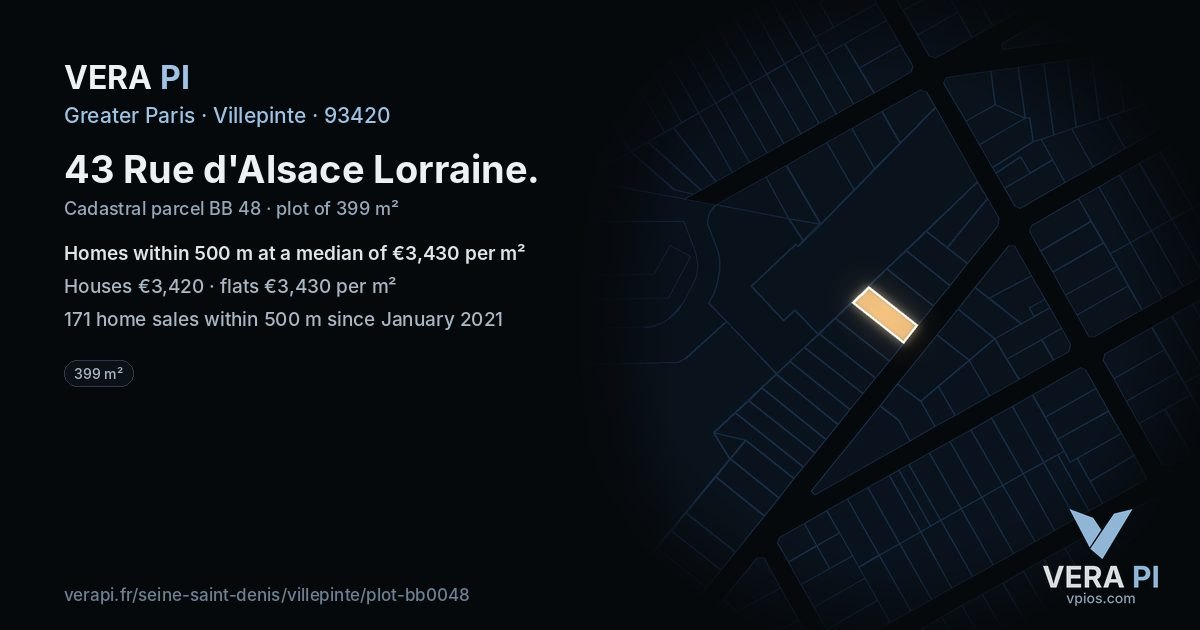 43 Rue d'Alsace Lorraine, Villepinte at night – the plot lit, the parcels around coloured by the prices near them
