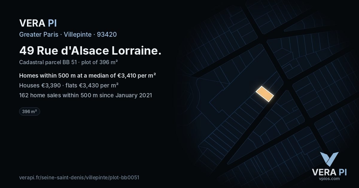 49 Rue d'Alsace Lorraine, Villepinte at night – the plot lit, the parcels around coloured by the prices near them