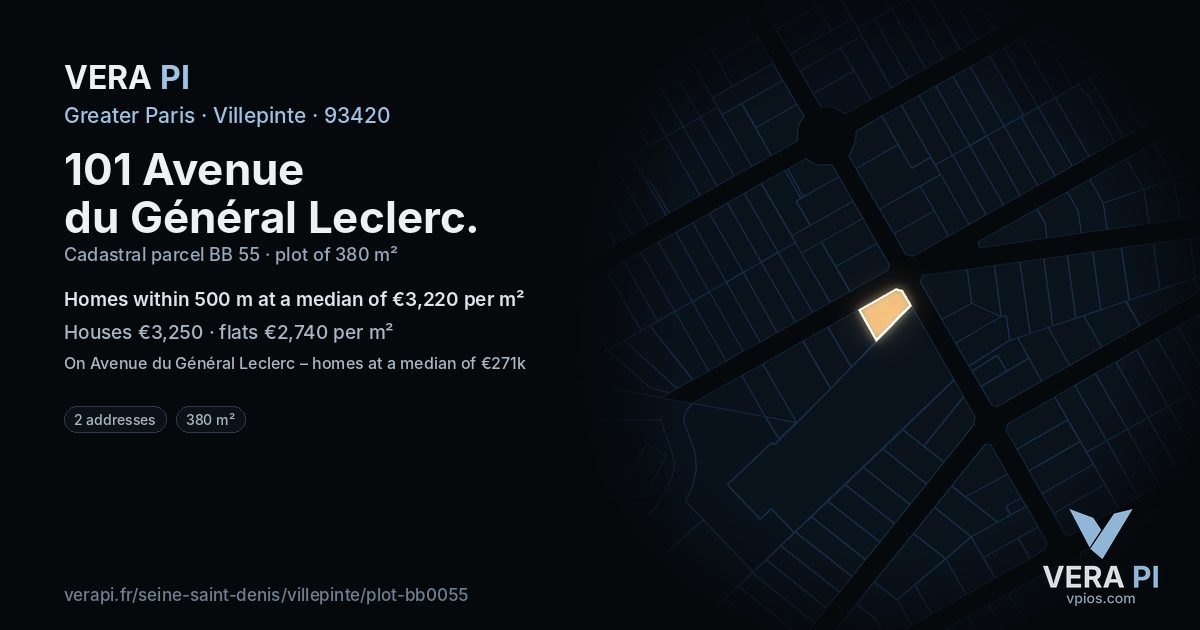 101 Avenue du Général Leclerc, Villepinte at night – the plot lit, the parcels around coloured by the prices near them
