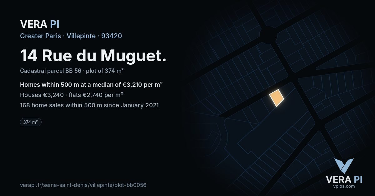 14 Rue du Muguet, Villepinte at night – the plot lit, the parcels around coloured by the prices near them
