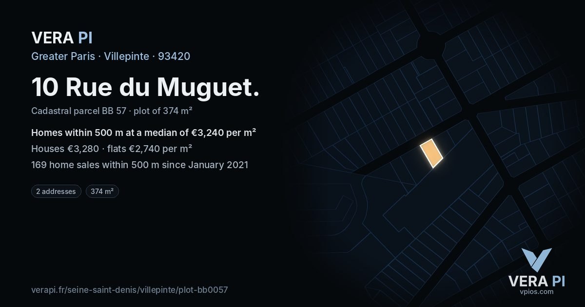 10 Rue du Muguet, Villepinte at night – the plot lit, the parcels around coloured by the prices near them