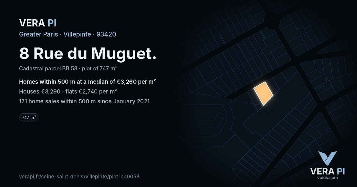 8 Rue du Muguet, Villepinte at night – the plot lit, the parcels around coloured by the prices near them