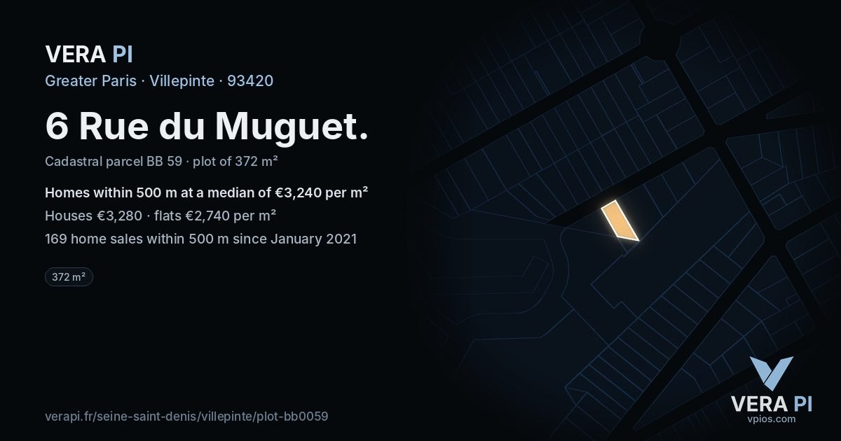 6 Rue du Muguet, Villepinte at night – the plot lit, the parcels around coloured by the prices near them