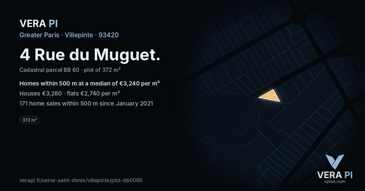 4 Rue du Muguet, Villepinte at night – the plot lit, the parcels around coloured by the prices near them
