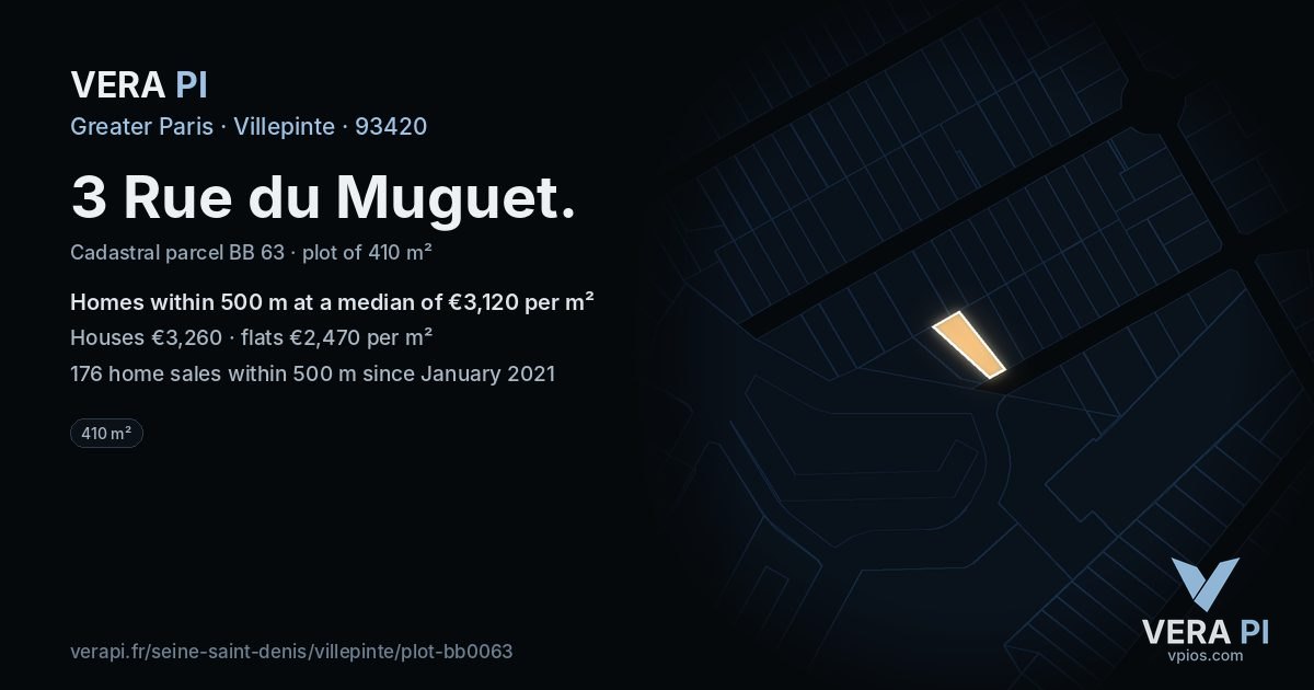 3 Rue du Muguet, Villepinte at night – the plot lit, the parcels around coloured by the prices near them