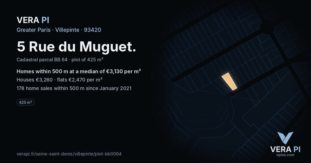 5 Rue du Muguet, Villepinte at night – the plot lit, the parcels around coloured by the prices near them