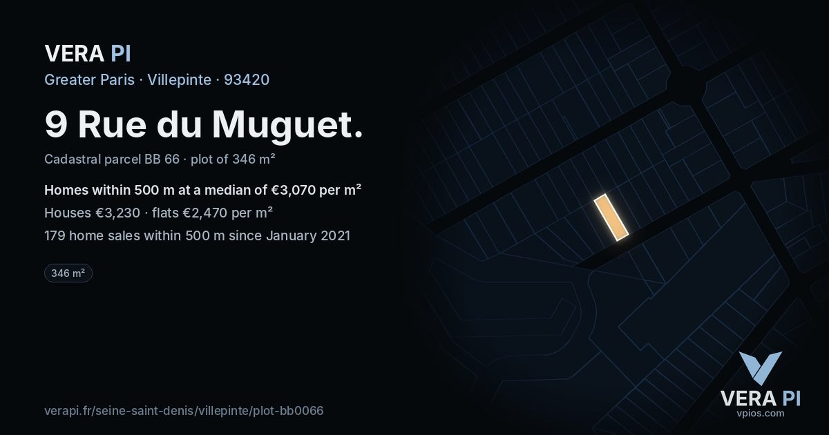 9 Rue du Muguet, Villepinte at night – the plot lit, the parcels around coloured by the prices near them