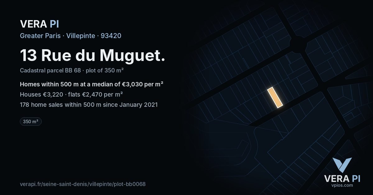 13 Rue du Muguet, Villepinte at night – the plot lit, the parcels around coloured by the prices near them