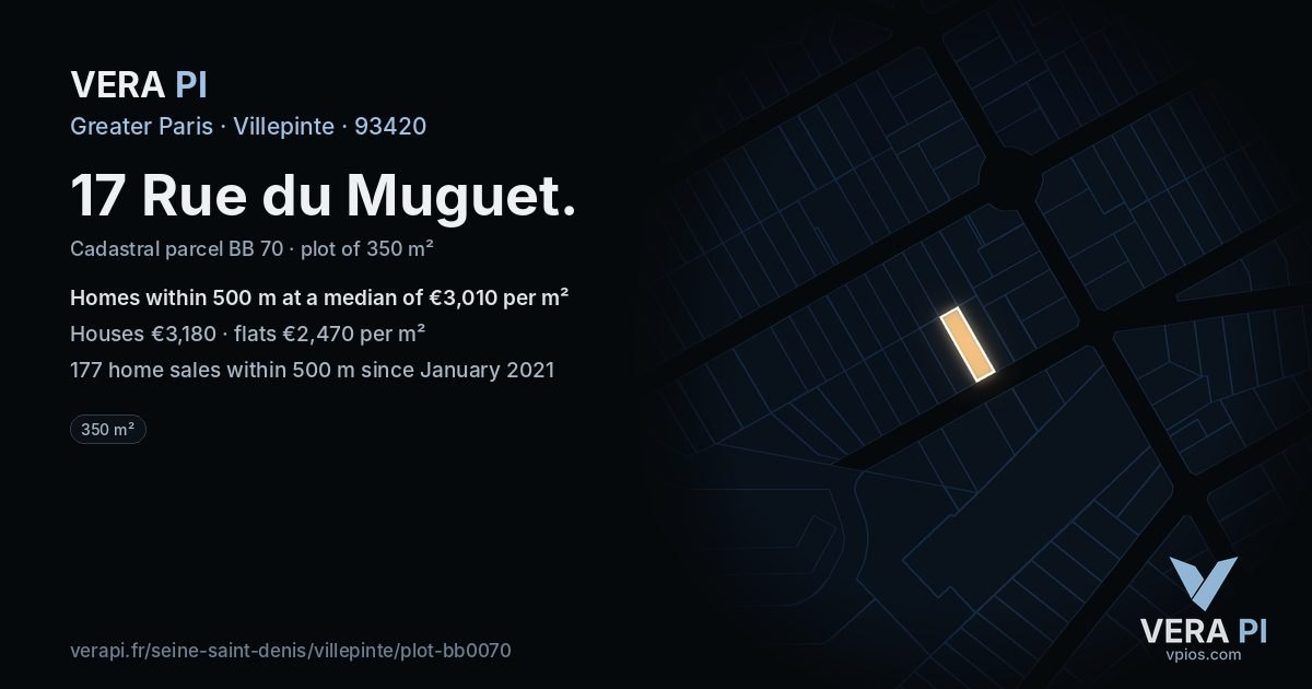 17 Rue du Muguet, Villepinte at night – the plot lit, the parcels around coloured by the prices near them