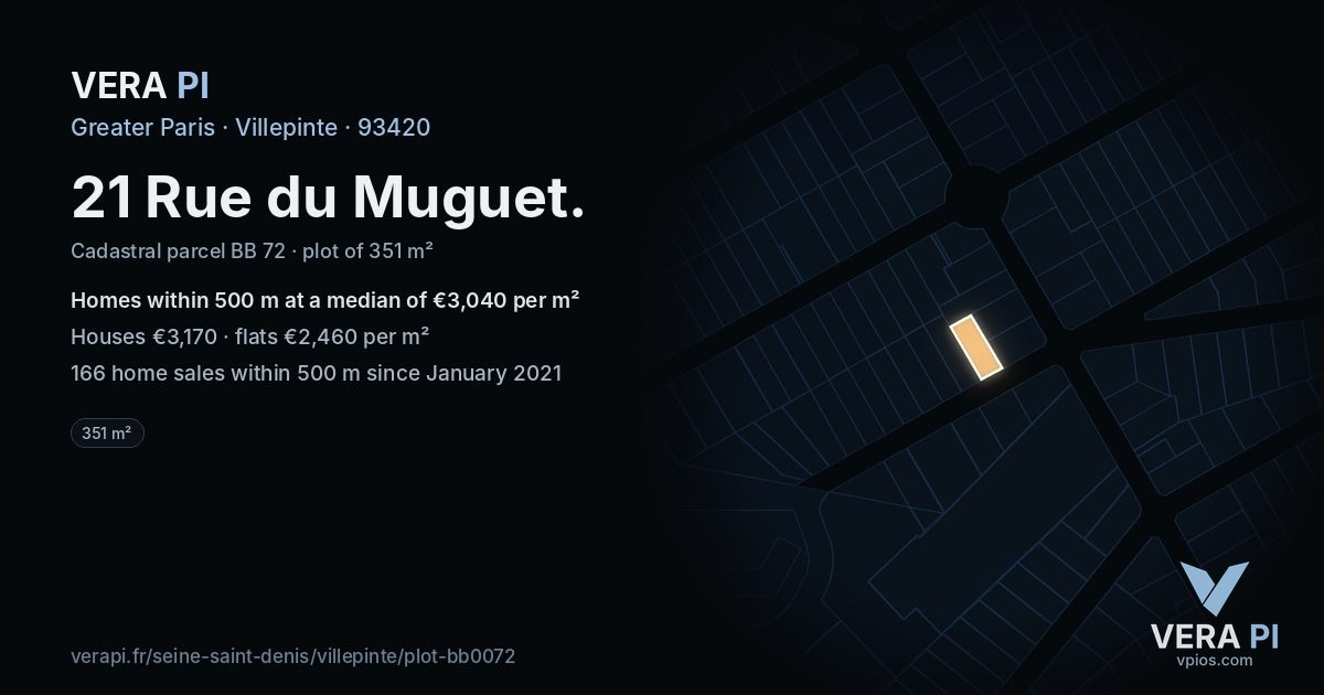 21 Rue du Muguet, Villepinte at night – the plot lit, the parcels around coloured by the prices near them