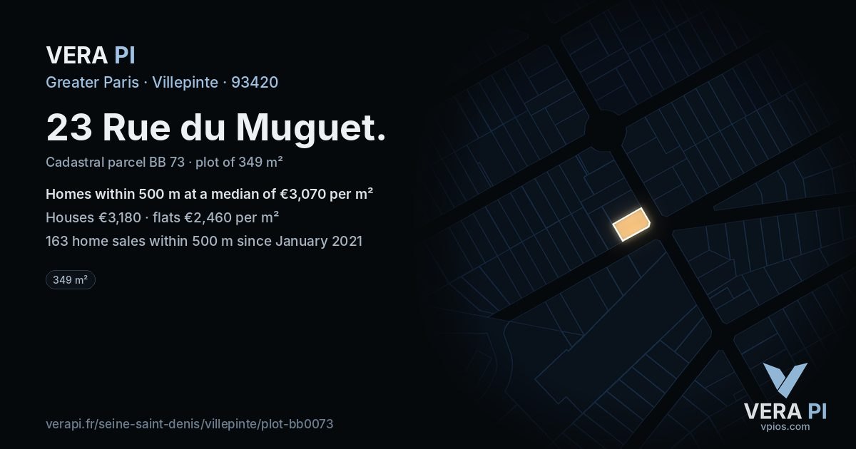 23 Rue du Muguet, Villepinte at night – the plot lit, the parcels around coloured by the prices near them