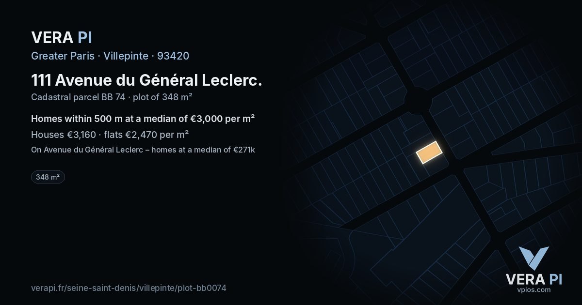 111 Avenue du Général Leclerc, Villepinte at night – the plot lit, the parcels around coloured by the prices near them