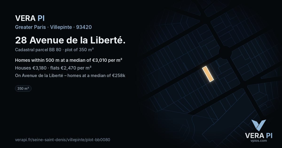 28 Avenue de la Liberté, Villepinte at night – the plot lit, the parcels around coloured by the prices near them
