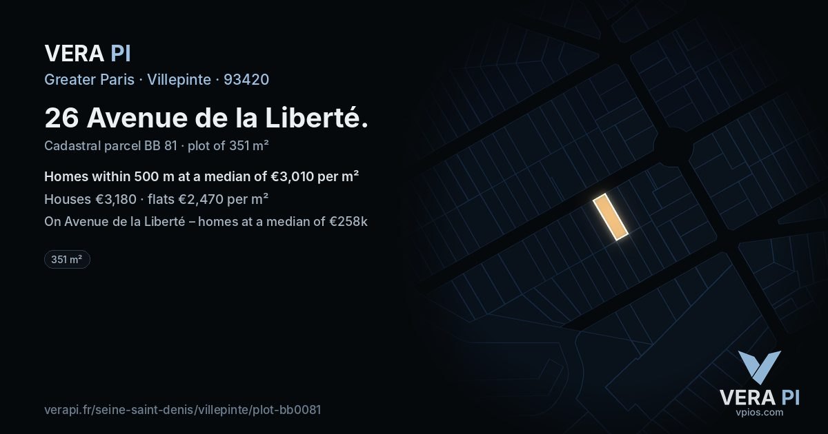 26 Avenue de la Liberté, Villepinte at night – the plot lit, the parcels around coloured by the prices near them