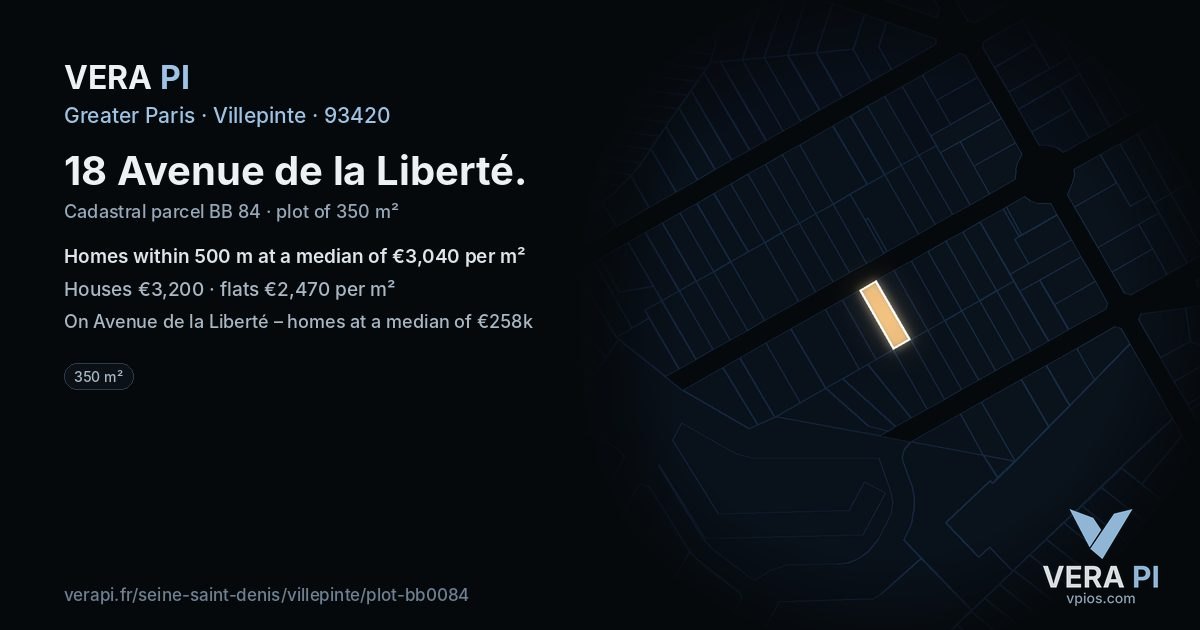 18 Avenue de la Liberté, Villepinte at night – the plot lit, the parcels around coloured by the prices near them