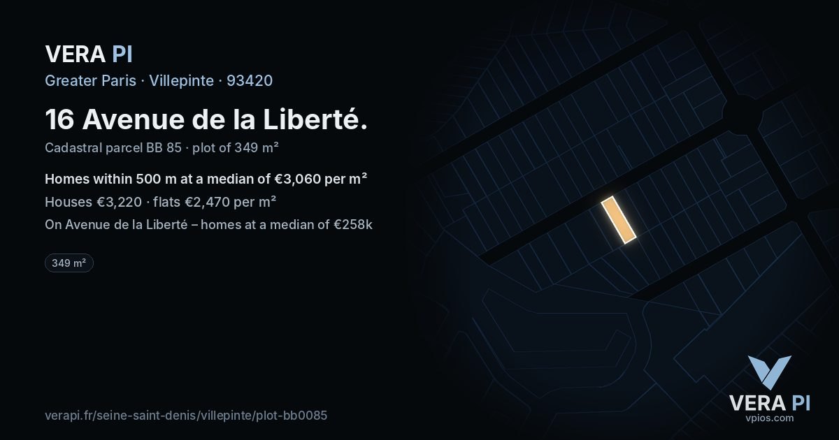 16 Avenue de la Liberté, Villepinte at night – the plot lit, the parcels around coloured by the prices near them