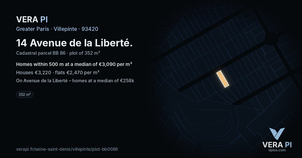 14 Avenue de la Liberté, Villepinte at night – the plot lit, the parcels around coloured by the prices near them