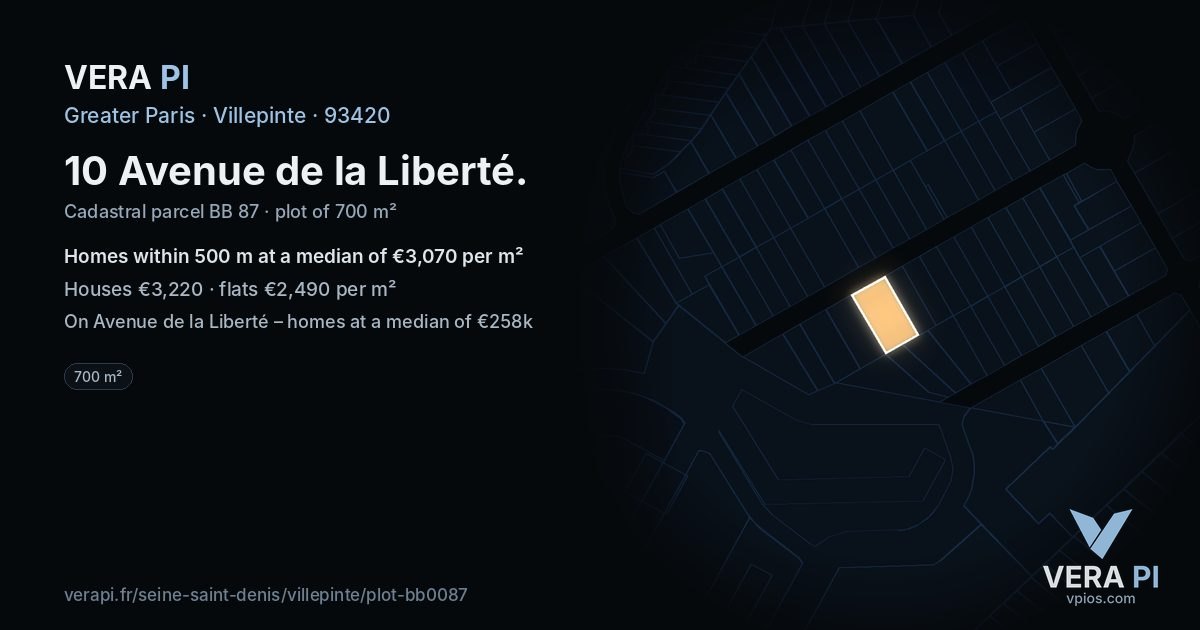 10 Avenue de la Liberté, Villepinte at night – the plot lit, the parcels around coloured by the prices near them