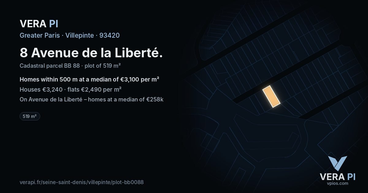 8 Avenue de la Liberté, Villepinte at night – the plot lit, the parcels around coloured by the prices near them
